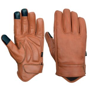 Men’s Premium Brown Leather Motorcycle Gloves, Riding Gloves w/ Gel Palm Padding & Touchscreen Fingertips