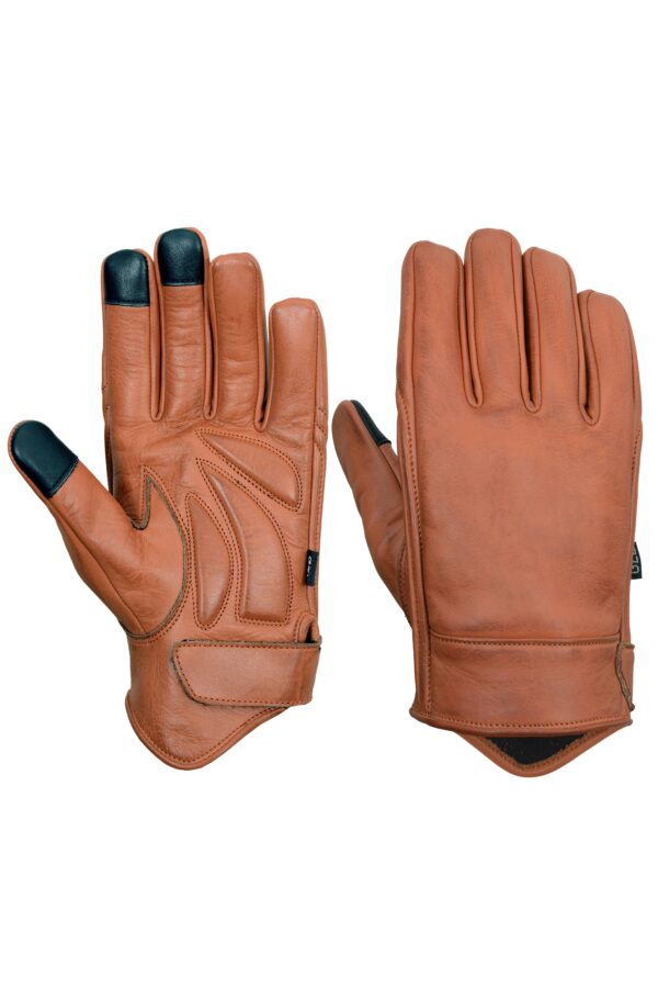 Men’s Premium Brown Leather Motorcycle Gloves, Riding Gloves w/ Gel Palm Padding & Touchscreen Fingertips