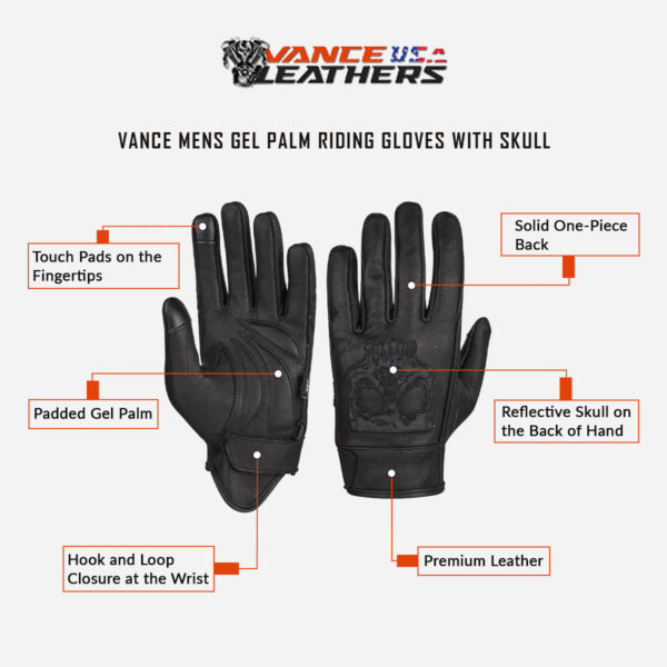 Vance Leather Premium Leather Motorcycle Glove, Riding Gloves with Reflective Skull Design, Gel Palm & Touchscreen Capability - Image 6