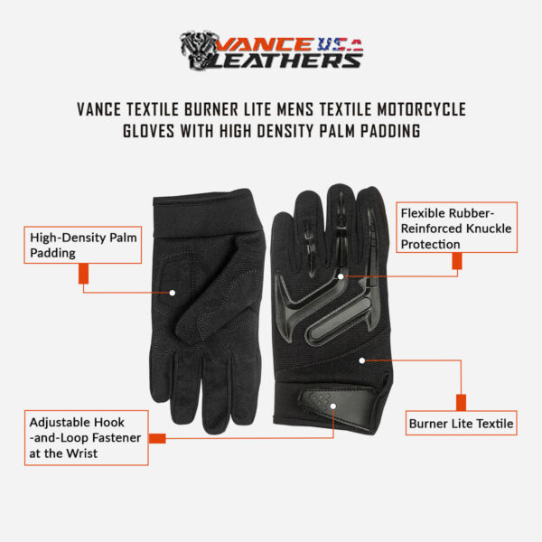 Vance Textile Burner Lite Mens Textile Motorcycle Gloves with High Density Palm Padding - Image 6