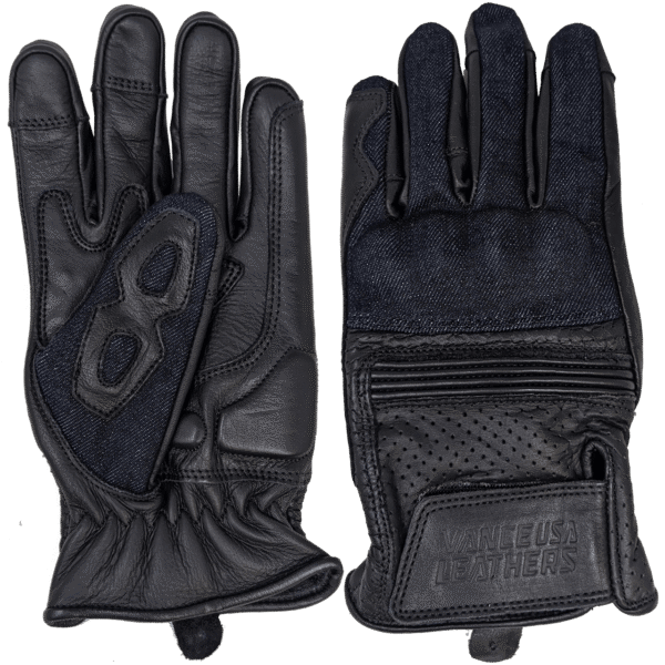 Vance Denim & Leather Motorcycle Gloves (Black) with Mobile Phone Touchscreen