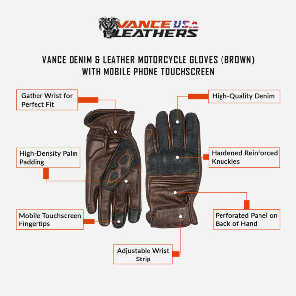 Vance Denim & Leather Motorcycle Gloves (Brown) with Mobile Phone Touchscreen - Image 7