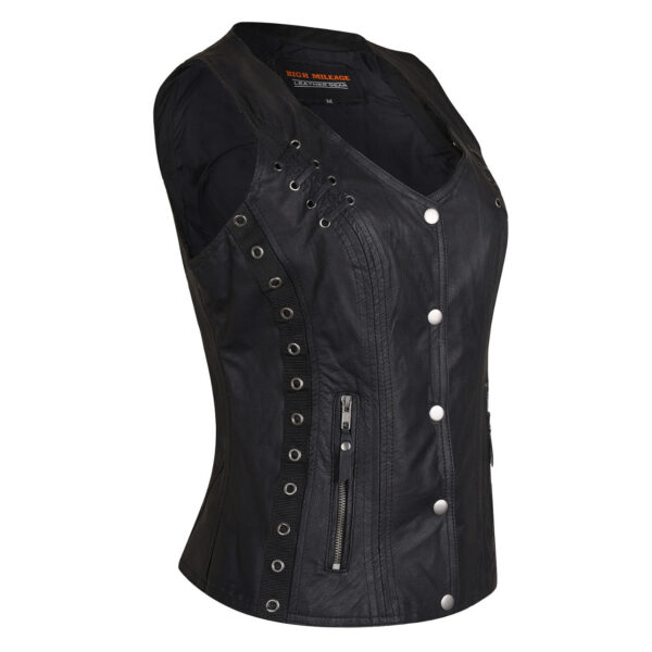 High Mileage Women's Black Premium Soft Goatskin Leather Vest With Twill Lace and Grommet Highlights - Image 8