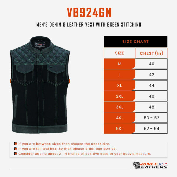 Men's Denim & Leather Motorcycle Vest with Conceal Carry Pockets and Green Stitching. - Image 10